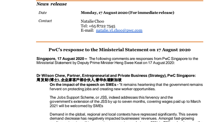 PwC’s response to the Ministerial Statement on 17 August 2020