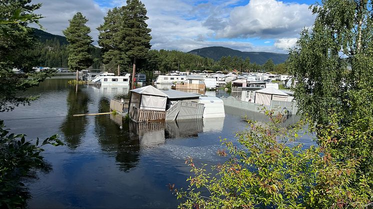 Oversvømt camping-plass i forbindelse med ekstremværet Hans i august 2023.