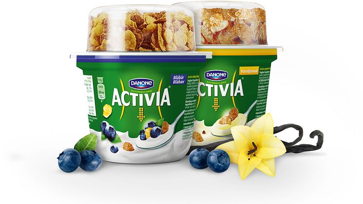 Hatten av för nya Activia Mellanmål!       Probiotisk yoghurt med flingor som gör gott för magen