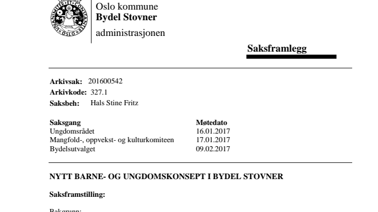 Ungdomskonseptet, saksfremlegg til bydelsutvalget, februar 2017