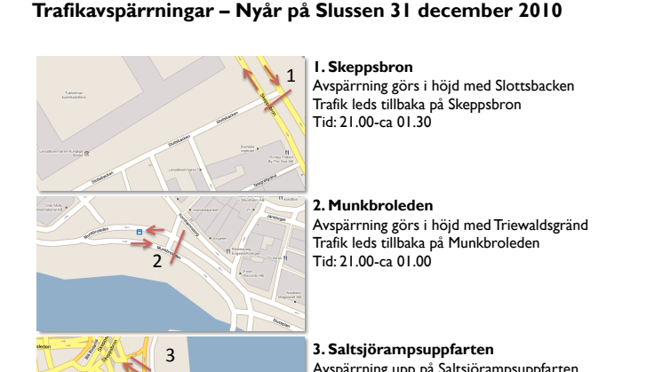 Karta över trafikavspärrningar vid Slussen på nyårafton 2010