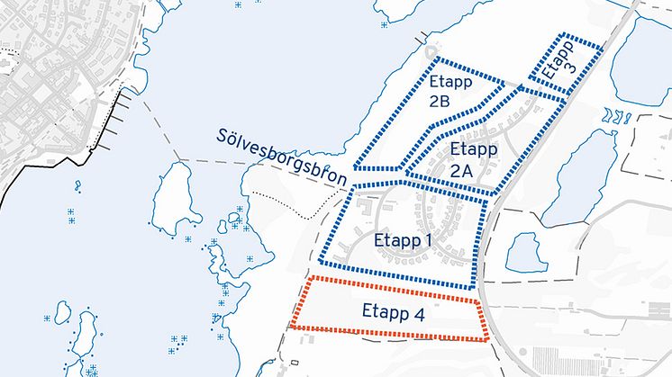 Kartbild över etapperna i stadsdelen Ljungaviken Sölvesborgs kommun. Det här samrådsmötet gäller etapp 4. Illustration: Sölvesborgs kommun.