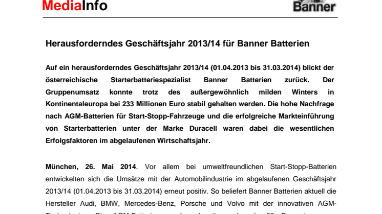 Herausforderndes Geschäftsjahr 2013/14 für Banner Batterien