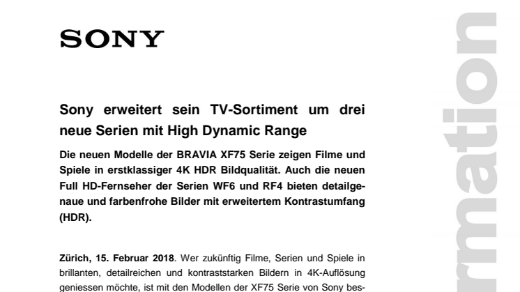 Sony erweitert sein TV-Sortiment um drei neue Serien mit High Dynamic Range