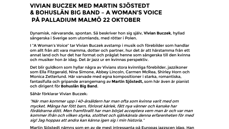 Vivian Buczek med Martin Sjöstedt  & Bohuslän Big Band – "A Woman's Voice" på Palladium Malmö 22 oktober