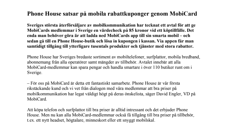 Phone House satsar på mobila rabattkuponger genom MobiCard