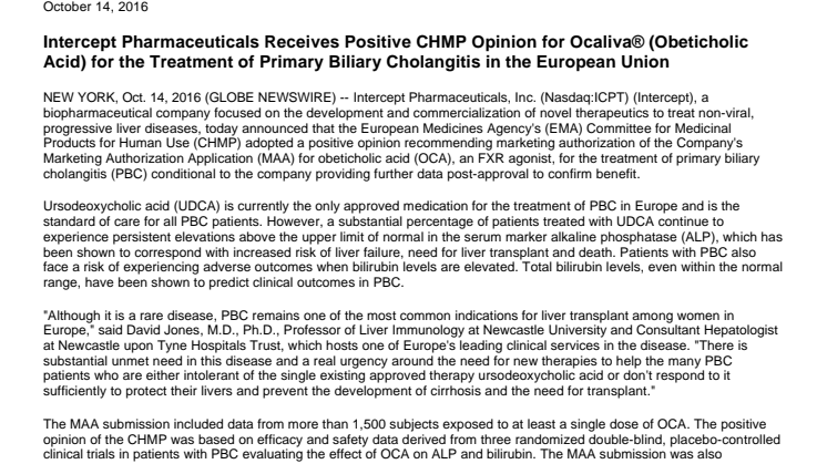 Intercept Pharmaceuticals Receives Positive CHMP Opinion for Ocaliva® (Obeticholic Acid) for the Treatment of Primary Biliary Cholangitis in the European Union