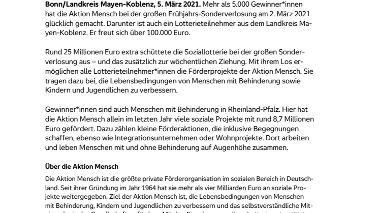 Landkreis Mayen-Koblenz: Glückspilz gewinnt 100.000 Eu-ro bei der Frühjahrs-Sonderverlosung der Aktion Mensch