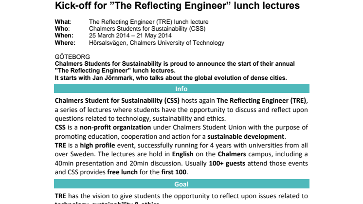 Kick-off for ”The Reflecting Engineer” lunch lectures 