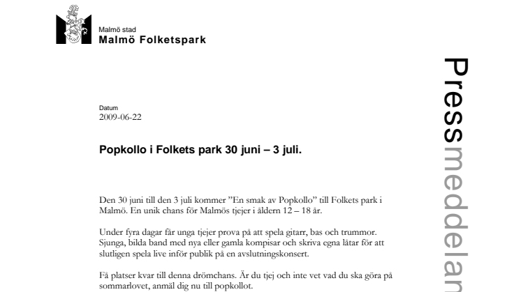 Popkollo i Folkets park 30 juni – 3 juli.