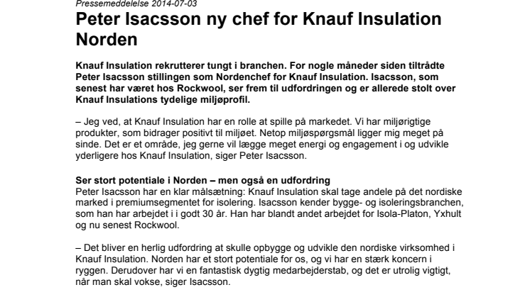 Peter Isacsson ny chef for Knauf Insulation Norden