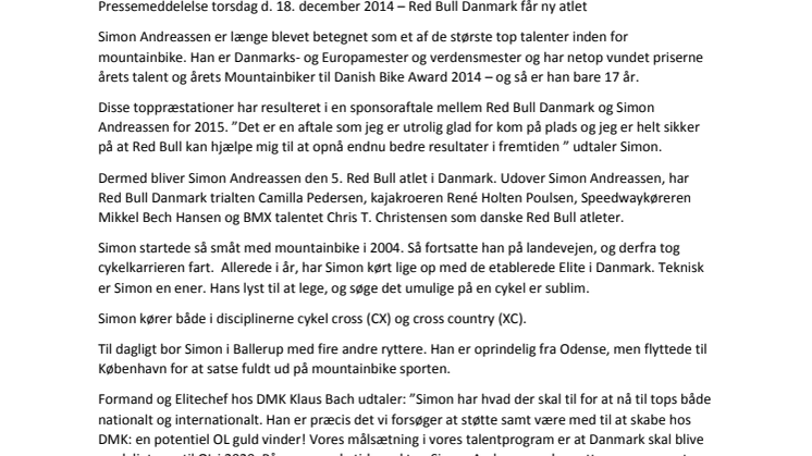 Pressemeddelelse torsdag d. 18. december 2014 – Red Bull Danmark får ny atlet 