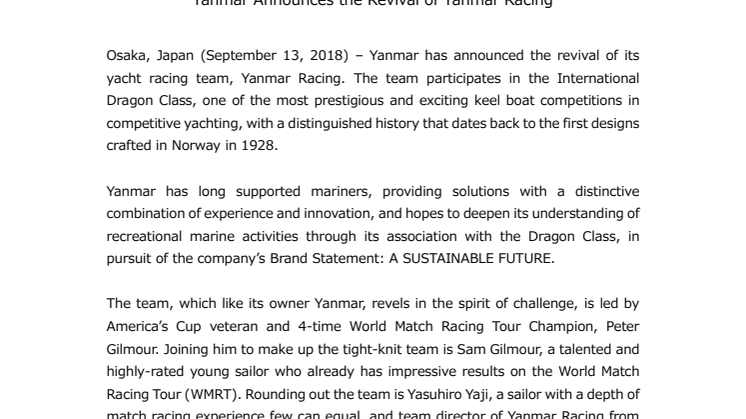 Yanmar Announces the Revival of Yanmar Racing