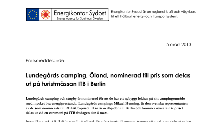 Lundegårds camping, Öland, nominerad till pris som delas ut på turistmässan ITB i Berlin 