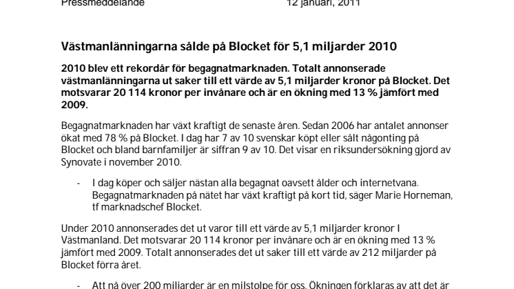 Västmanlänningarna sålde på Blocket för 5,1 miljarder 2010