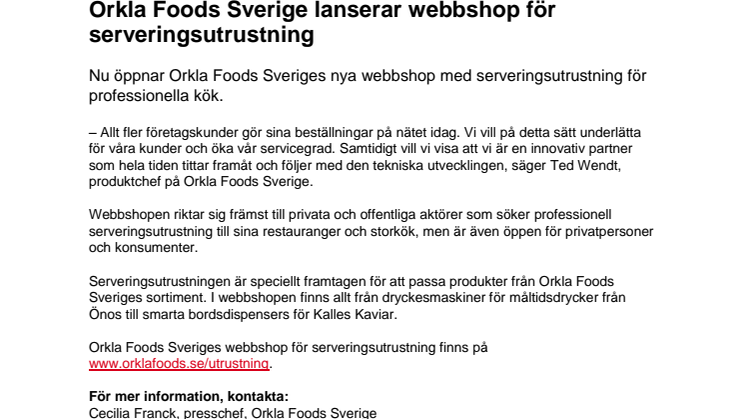 Orkla Foods Sverige lanserar webbshop för serveringsutrustning 