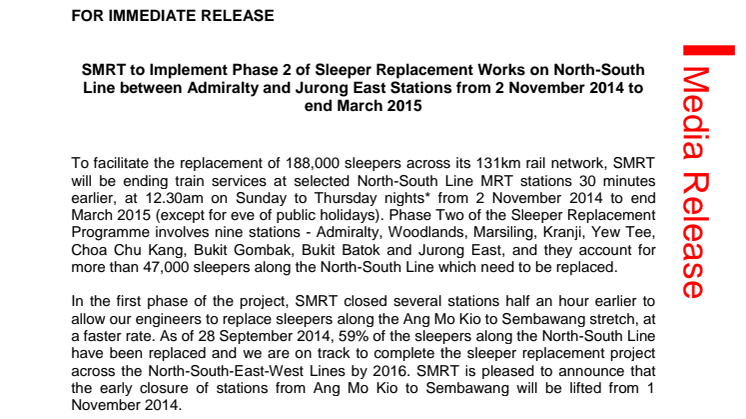 SMRT to Implement Phase 2 of Sleeper Replacement Works on North-South Line between Admiralty and Jurong East Stations from 2 November 2014 to end March 2015