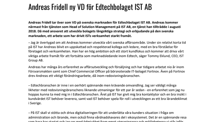 Andreas Fridell ny VD för Edtechbolaget IST AB