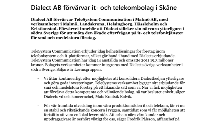 Dialect AB förvärvar it- och telekombolag i Skåne