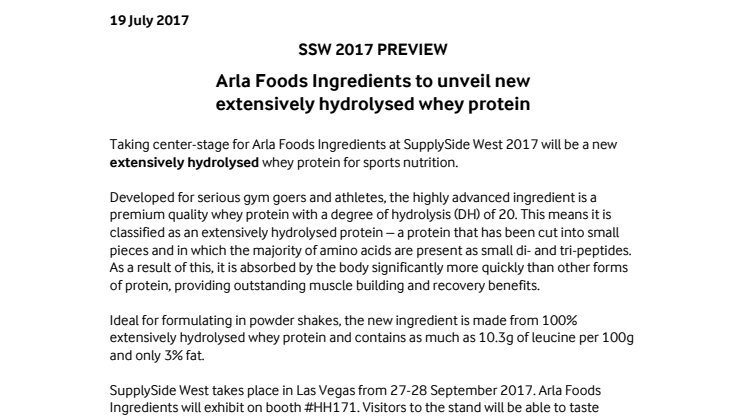 Press release – Arla Foods Ingredients to unveil new extensively hydrolysed whey protein