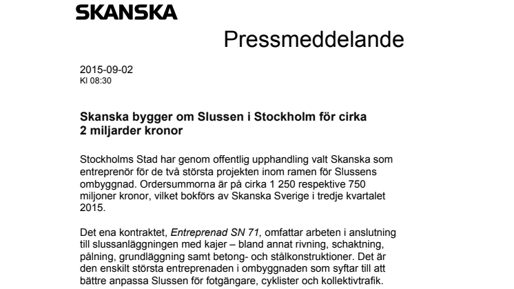Skanska bygger om Slussen i Stockholm för cirka 2 miljarder kronor