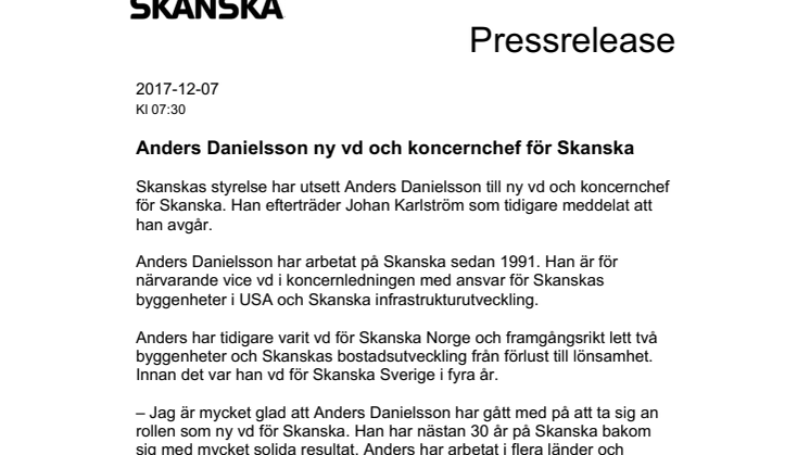 Anders Danielsson ny vd och koncernchef för Skanska