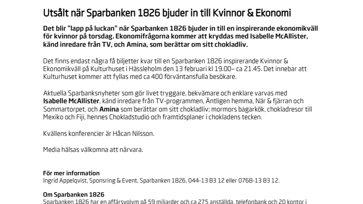 Utsålt när Sparbanken 1826 bjuder in till Kvinnor & Ekonomi