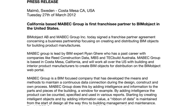 California based MABEC Group is first franchisee partner to BIMobject in the United States.