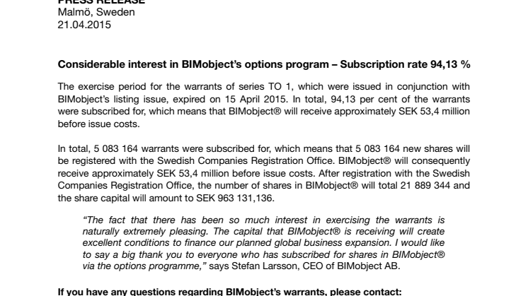 Considerable interest in BIMobject’s options program – Subscription rate 94,13 %