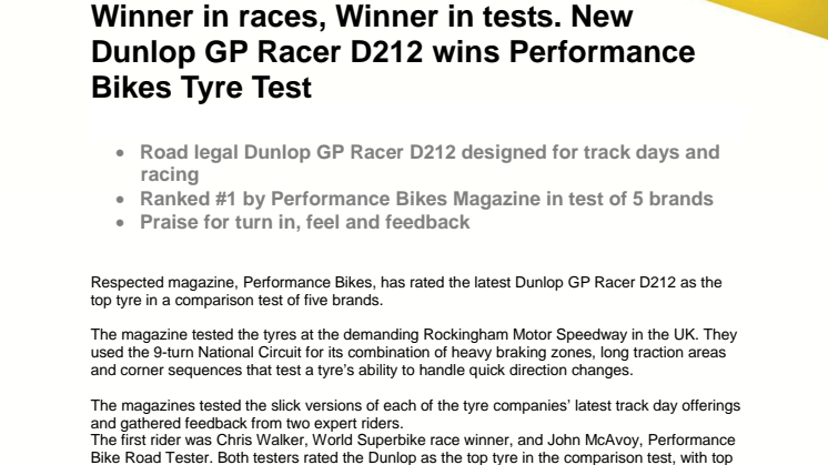 Winner in races, Winner in tests. New Dunlop GP Racer D212 wins Performance Bikes Tyre Test