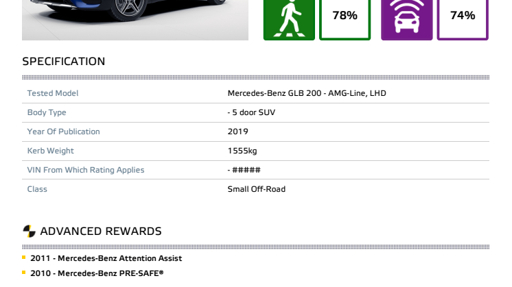 Mercedes-Benz GLB Euro NCAP datasheet November 2019