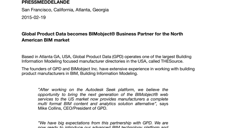 Global Product Data becomes BIMobject® Business Partner for the North American BIM market	