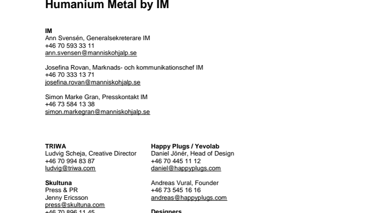 Kontaktpersoner Humanium Metal by IM + fem ledande företag