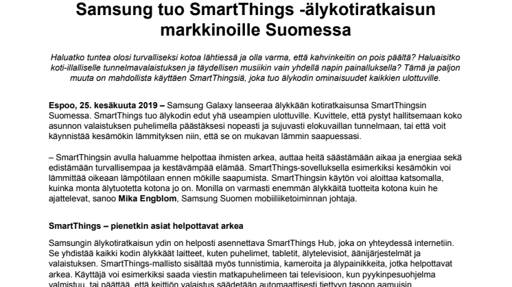 Samsung tuo SmartThings -älykotiratkaisun markkinoille Suomessa