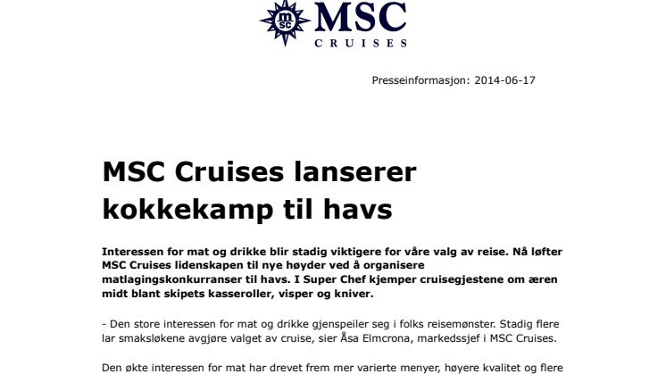MSC Cruises lanserer kokkekamp til havs