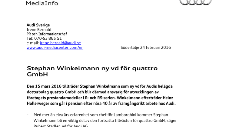 Stephan Winkelmann ny vd för quattro GmbH