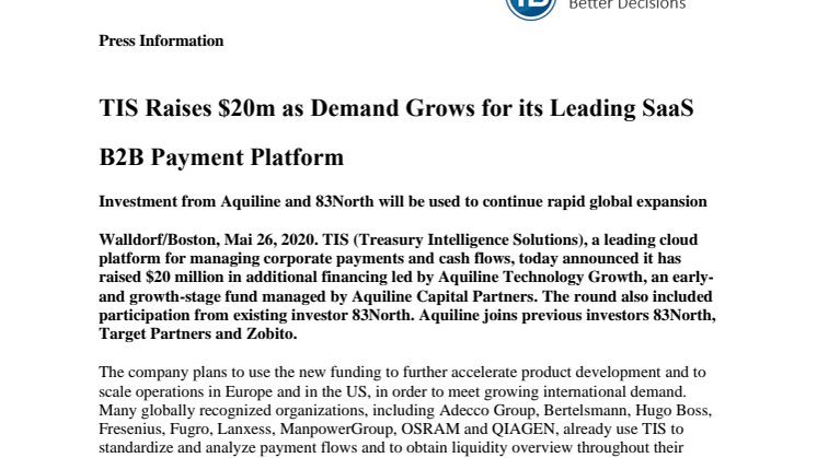 TIS Raises $20m as Demand Grows for its Leading SaaS B2B Payment Platform