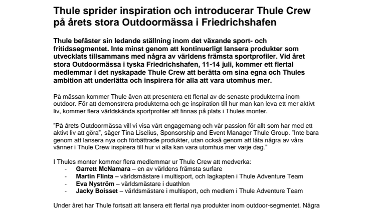Thule sprider inspiration och introducerar Thule Crew på årets stora Outdoormässa i Friedrichshafen 