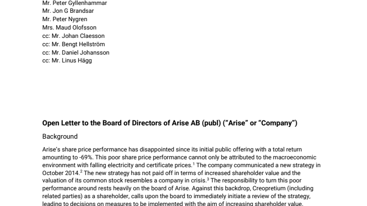 Open Letter to the Board of Arise AB (publ)