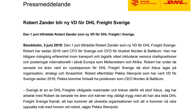 Robert Zander blir ny VD för DHL Freight Sverige