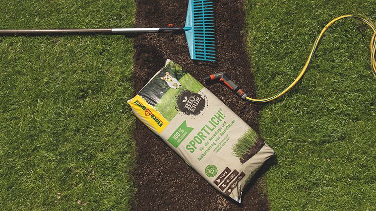 Für die Rasenkur im Frühjahr eignen sich die Rasenpflegeprodukte Sportlich! und Rasensand von Floragard ideal.
