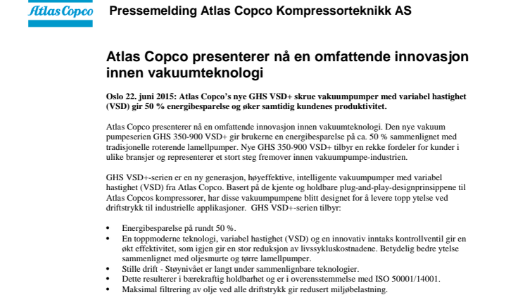 Atlas Copco presenterer nå en omfattende innovasjon innen vakuumteknologi