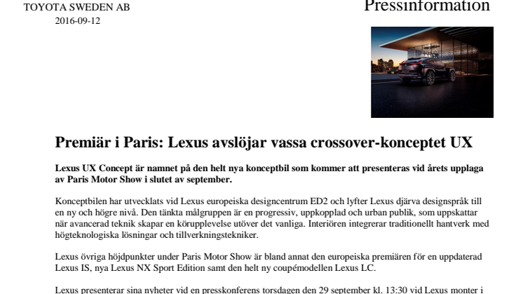 Premiär i Paris: Lexus avslöjar vassa crossover-konceptet UX