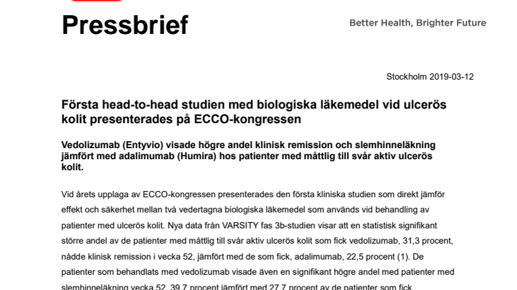 Första head-to-head studien med biologiska läkemedel vid ulcerös kolit presenterades på ECCO-kongressen