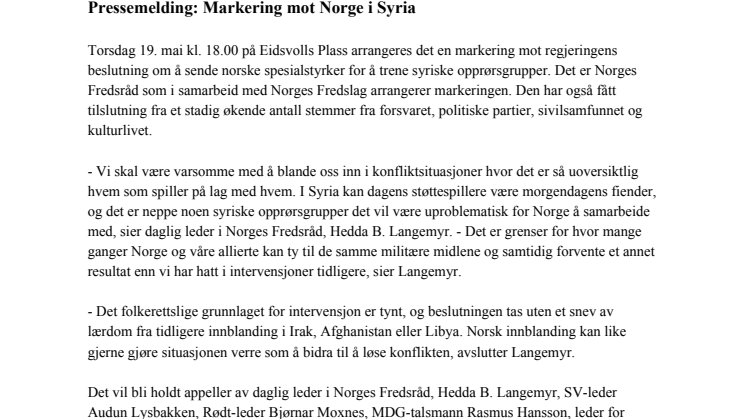 Pressemelding: Markering mot Norge i Syria