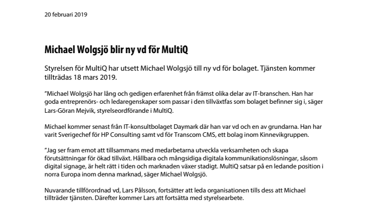 Michael Wolgsjö blir ny vd för MultiQ