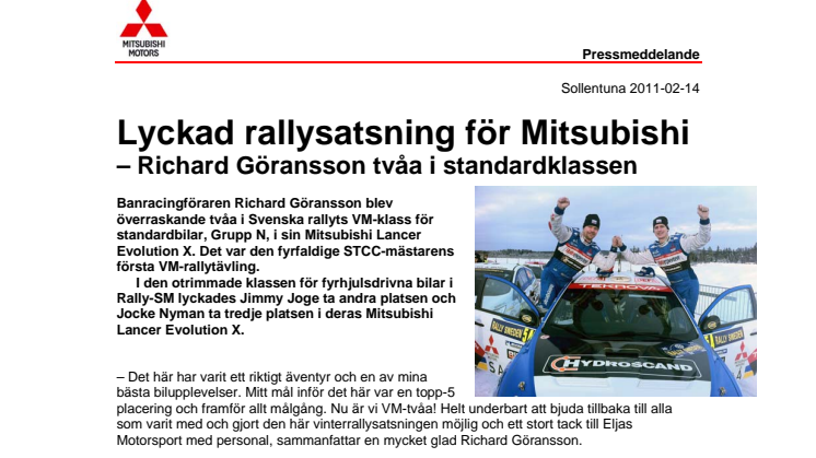 Lyckad rallysatsning för Mitsubishi –  Richard Göransson tvåa i standardklassen