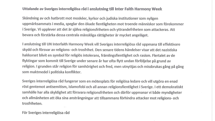 Uttalande från Sveriges interreligiösa råd