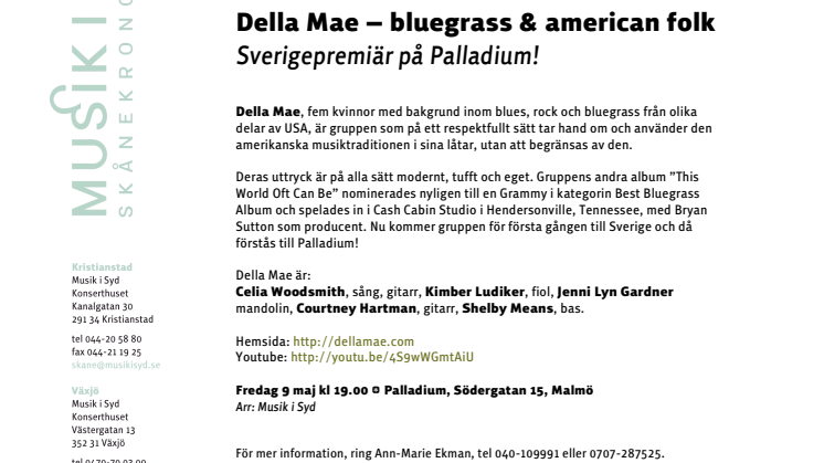 Della Mae – bluegrass & american folk Sverigepremiär på Palladium 9 maj kl 19.00