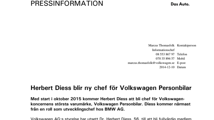 Herbert Diess blir ny chef för Volkswagen Personbilar